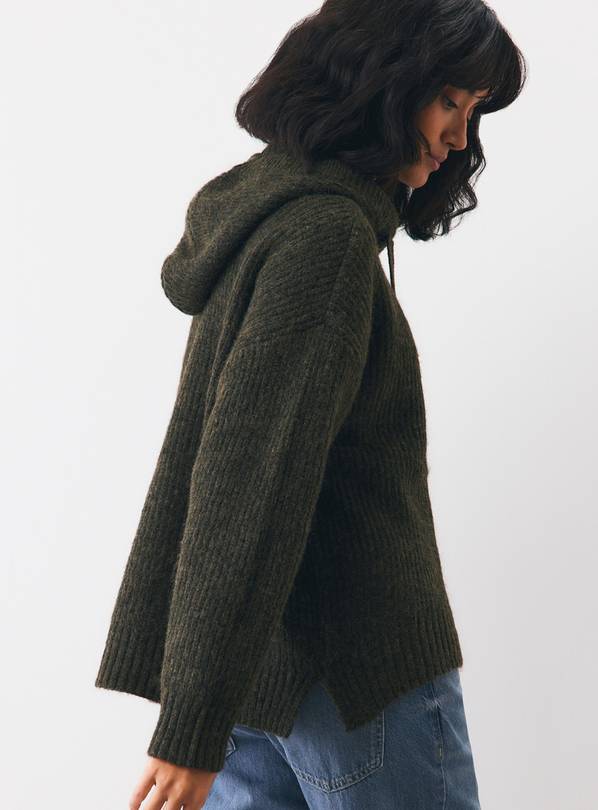 Dark Green Nordic-Style Ribbed Knitted Hooded Jumper XS